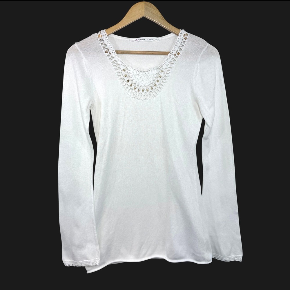 Athleta Sweater Small White Organic Cotton Crochet Beaded Boho Coastal Top